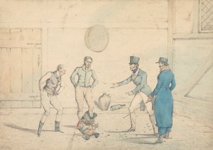 En tuppfäktning betraktad av fyra män i ett uthus: Kampen, graverad som plansch 39 i "The National Sports of Great Britain"