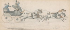 En gentleman kör ett fyrspann framför en postfajeton, åtföljd av tre stallpojkar av Henry Thomas Alken