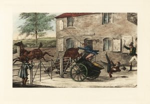 Engelska herrar i en spelning med två hästar som försöker hoppa över en tullport. av Henry Thomas Alken
