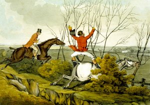 Plunging Through the Hedge, från "Kvalificerade hästar och okvalificerade ryttare" av Henry Thomas Alken