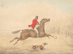 Ryttare på en brun häst som ska hoppa över ett staket åt höger av Henry Thomas Alken