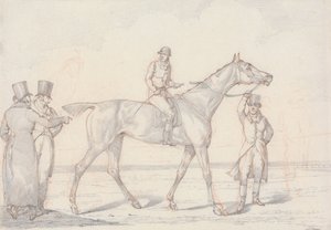”Scraps”, nr 15: Kapplöpningshäst med jockey i sadeln, två män diskuterar hästen av Henry Thomas Alken