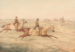 Två ryttare som tränar hästar i galopp av Henry Thomas Alken