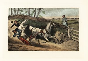 Viktorianska engelska herrar kastade från en enhästsspelning på en cou av Henry Thomas Alken