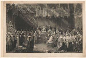Kröning av drottning Victoria av England. Till George Hayter, adress till Graves och Warmsby. Träsnittsskiss och legend bifogas