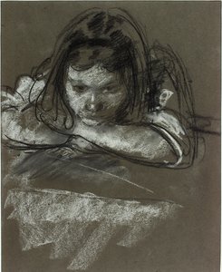 Huvud och axlar av en flicka vid ett bord (krita på papper)