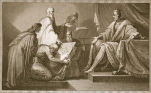 Doomsday Book presenterad för William the I, graverad av J. Fittler, illustration från David Humes "The History of England", pub. av R. Bowyer, London, 1812