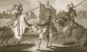 Richard II avbryter duellen mellan Hereford och Norfolk, illustration från David Humes "The History of England", pub. av R. Bowyer, London, 1812