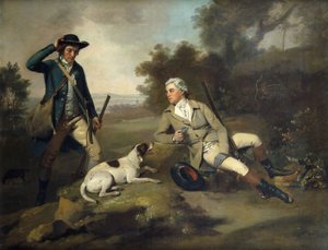 En gentleman som ligger tillbakalutad med en pistol och en hund och hans viltvaktare som står i närheten,
