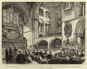 H R H prinsen av Wales vid återöppningen av norra tvärskeppet av Church of St Bartholomew the Great, West Smithfield, av ärkebiskopen av Canterbury av Henry William Brewer