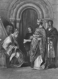 Kung Henrik II av England presenterar den påvliga tjuren från 1155 som tillät honom att invadera, styra och styra Irland