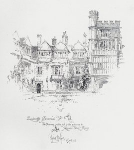 Brasenose College, Oxford, som visar ingången till rummen för den engelske prästen och författaren Reginald Heber (litho) av Herbert (after) Railton