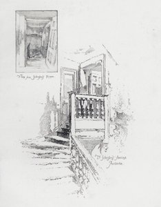 Engelske författaren Samuel Johnsons rum och trappa, Pembroke College, Oxford (litho) av Herbert (after) Railton