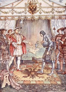 Bayard presenterade för Henry VIII, illustration från "Bayard: The Good Knight Without Fear and Without Reproach" av Christopher Hare, pub. 1911 av Herbert Cole