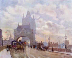 På Tower Bridge (färg litho) av Herbert Menzies (after) Marshall