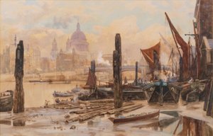 Förtöjda pråmar från Themsen; St Pauls och Blackfriars Bridge på avstånd av Herbert Menzies Marshall