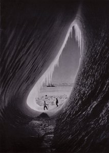 Grotta i ett isberg; Terra Nova i fjärran (s/v foto) av Herbert Ponting