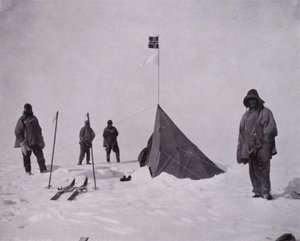"Det var en svart flagga, den norska flaggan. Amundsen var först vid polen" (s/v foto) av Herbert Ponting