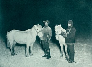 Underofficerarna Crean och Evans tränar sina ponnyer på vintern, 1911, 1913 av Herbert Ponting