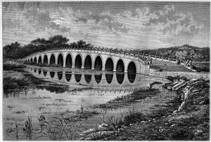 Bro med 17 valv på sjön Kunming vid Ete-palatset nära Pekin på 1800-talet. Gravyr efter en teckning av Catenacci, efter ett fotografi av Thomson, i "" Le Tour du Monde, Nouveau journal des Voyages", redigerad av Edouard Charton, Paris av Hercule (after) Catenacci