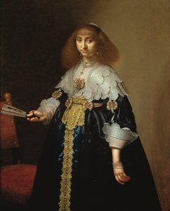 Porträtt av en dam i en utarbetad broderad kostym, 1640