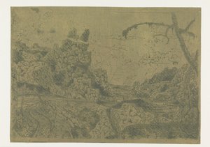 Mountain Valley, till höger en man som bär en pinne av Hercules Segers