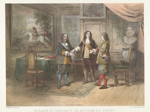 Prins William III försonar Michiel de Ruyter och Cornelis Tromp, 1673 Willem III försonar de Ruyter och Tromp (titel på objekt)