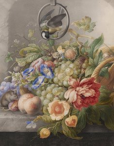 Stilleben med blommor, frukter, talgoxen och en mus. Runt 1700-10