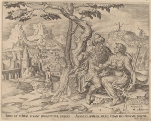Juda som ger Tamar panten av Herman Jansz Muller after Maerten van Heemskerck