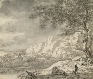 Bergigt landskap med en vandrare (krita och indiskt bläck på papper) av Herman Nauwincz