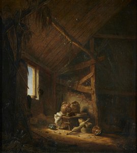 En ladugårdsinteriör med ljusinsläpp genom ett fönster av Herman Saftleven