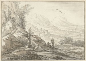 Bergslandskap med utsikt över en dal av Herman Saftleven