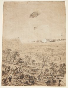 Panoramalandskap med bönder, fiskare och en bykyrka av Herman Saftleven