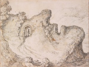 Stenigt landskap med ruiner som bildar profilen av en mans ansikte, ca. 1650