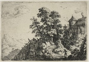 Resenärer på slingrande väg, från Six Landscapes av Herman Saftleven
