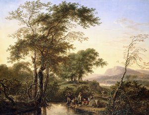 Ett omfattande italienskt flodlandskap med resenärer vid en pool, 1646