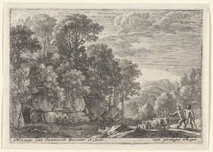 Två satyrer med en flock getter Landscapes with Satyrs (serietitel) av Herman van Swanevelt