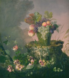 Blomkorg med frukt vid en stubbe av Hermania Neergaard