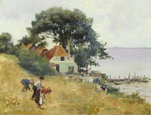Barn som plockar vid en sjö, ca 1900-10 (olja på panel)