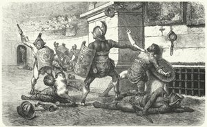 Gladiatorer slåss på arenan i antikens Rom