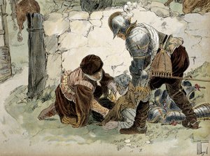 Henri IV (1553-1610) skadad under en spaning vid Aumale mot Mayennes armé. Illustration av Hermann Vogel (1856-1918) i "" Henri IV"" av Hermann Vogel