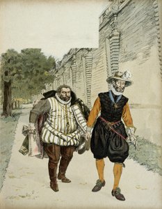 Henrik IV (1553-1610) och Charles de Lorraine, hertig av Mayenne (1554-1611). Första försonande intervjun mellan de två fienderna, Mayenne, ledaren för legueurs och kungen, i trädgårdarna på Chateau de Montceaux, i Brie, 1596. Illustration. av Hermann Vogel