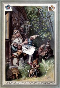 Kinder und hausmarchen (Berättelse om barndom och hem) (1812): bröderna Grimms fabler. Omslag av Hermann Vogel 1894 föreställande Snövit och de sju dvärgarna.