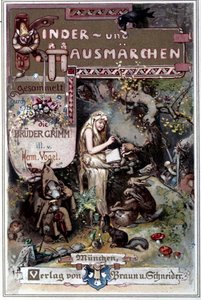 Kinder und hausmarchen (Berättelse om barndom och hem) 1812: bröderna Grimms fabler. Omslag på Hermann Vogel från 1894 föreställande Snövit.