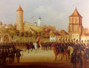 Hermann Volz Parad för Biberach-milisen vid Riedlinger Tor 1849 av Hermann Volz