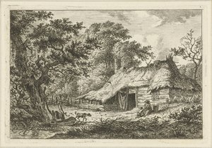 Gård med kvinna, barn och hund
