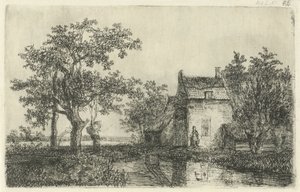 Kvinna med en korg framför en bondgård på vattnet av Hermanus Jan Hendrik van Rijkelijkhuysen