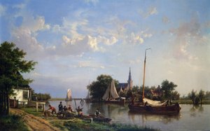 Pråmar på en kanal på sommaren (olja på duk)
