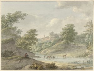 Landskap med en sittande tecknare och ett slott vid vattnet