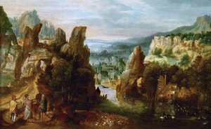 Landskap med vägen till Emmaus - Landskap med vägen till Emmaus - Henri de Herri met de Bles (1510-1550). Olja på trä, ca 1535-1540. Mått: 14,6 x 33,5 cm. Konsthistoriska museet, Wien